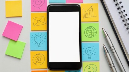 A smartphone is surrounded by colorful sticky notes featuring various icons and illustrations, emphasizing organization and creativity in a workspace.