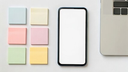 A minimalist workspace featuring a smartphone and colorful sticky notes beside a laptop on a light surface.