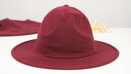 Burgundy Fedora Hat Stylish on White Background with Apparel.