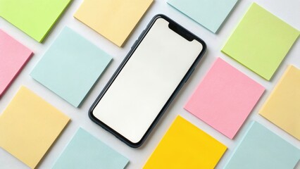 A smartphone surrounded by colorful sticky notes on a flat surface, ideal for organization and brainstorming activities.