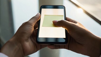 A person holding a smartphone with a sticky note displayed on the screen, highlighting a modern and tech-savvy workspace.