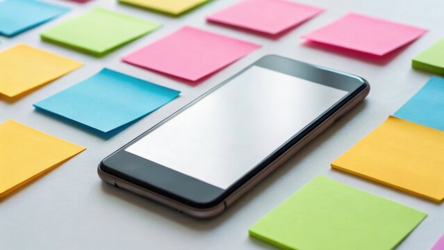 A smartphone surrounded by colorful sticky notes on a table, suggesting organization and planning.
