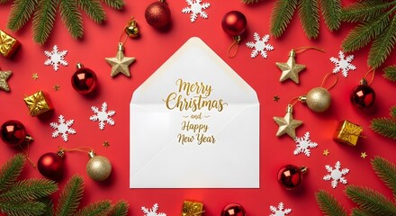 Open envelope with Merry Christmas and Happy New Year message and festive decor