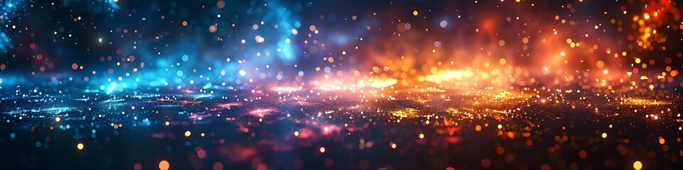 Obraz premium Panoramic View of a Sparkling Universe with Orange and Blue Glowing Particles