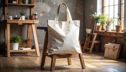 EcoFriendly Canvas Tote Bag on Wooden Chair in Studio.