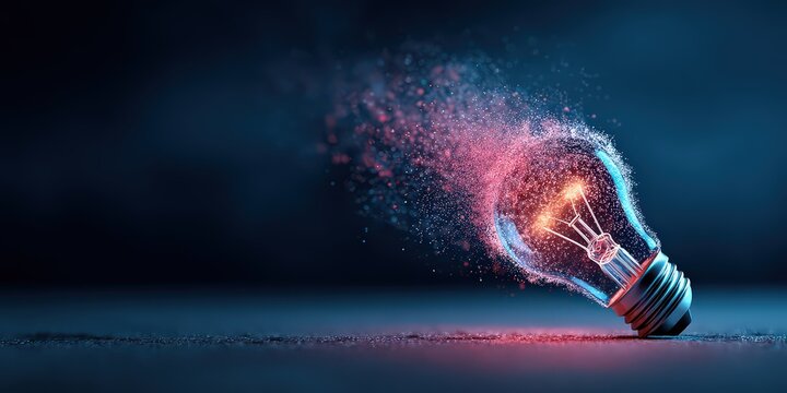 Digital Representation of Light Bulb Breaking Into Particles Over a Dark Background