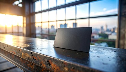 Blank black card on rusty table with cityscape background.