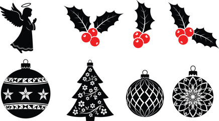 Obraz premium Set of traditional Christmas vector icons, featuring decorative tree ornaments, angel silhouette, and classic holly with red berries, collection of holiday graphic elements, isolated on white back