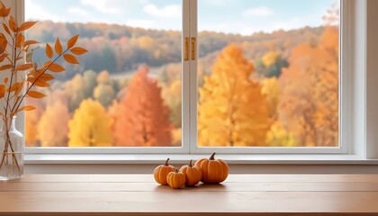 Small pumpkins arranged on a wooden table near a window. Outside, a scenic view of a forest with colorful autumn foliage