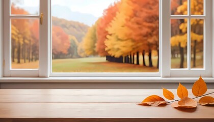 Autumn leaves on the table with serene autumnal Bokeh backdrop.