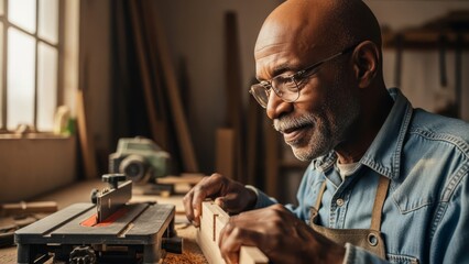 Senior man focusing on precision woodworking in his workshop, demonstrating skill and craftsmanship.