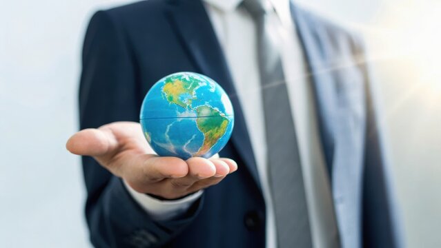 A businessman holds a globe in his hand, symbolizing global reach and responsibility in a corporate or professional context. - Powered by Adobe