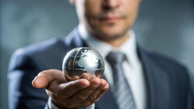 A businessman holds a transparent globe, symbolizing global reach and connection in a professional setting.