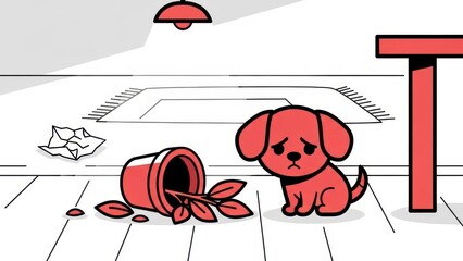 Sad Puppy Looks Guilty After Knocking Over Plant Pot Indoors.