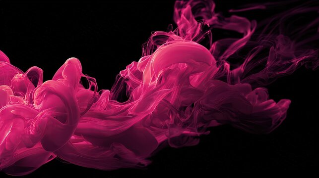 Abstract Swirling Pink Ink Cloud on Black Background with Particle Effect