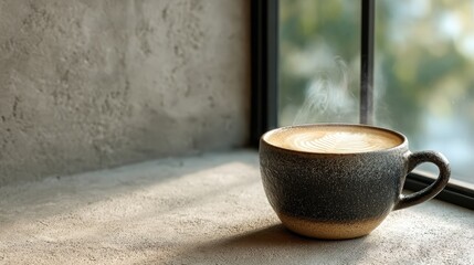 Hojicha latte in dark cup with steam by window