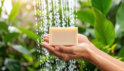 Soap under running water with hands, nature background, and hygiene.