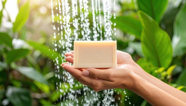 Soap under running water with hands, nature background, and hygiene.