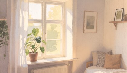 Cozy Sunlit Bedroom Interior with Window and Potted Plant Illustration

