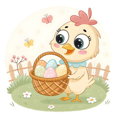 cute chicken cartoon character holding a basket of