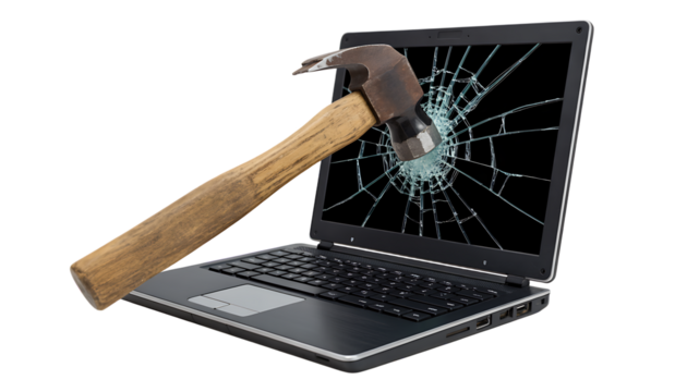 Shattered laptop screen, hit by a hammer 
