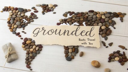 Grounded Journey Across the Globe with Natural Stones Crafting a World Map on White Wooden Surface