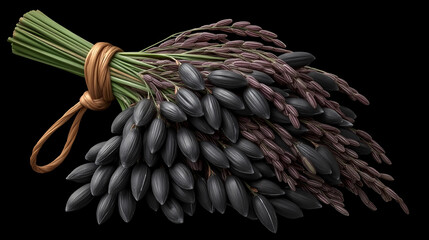 Exquisite Black Rice Bundle A close-up shot captures the beauty of a bundle of black rice, its dark grains elegantly tied, inviting appreciation for nature's bounty and culinary delight.