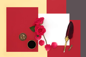 Love letter, red rose flower, petals, vintage quill pen and ink for Valentines Day on geometric background. Valentine design for old fashioned handwritten note.