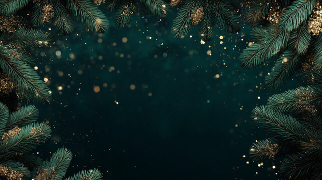 Dark green luxury Christmas design, gold accents, pine branches and fairy lights framing the top and bottom, soft depth-of-field holiday sparkle, elegant and classy mood