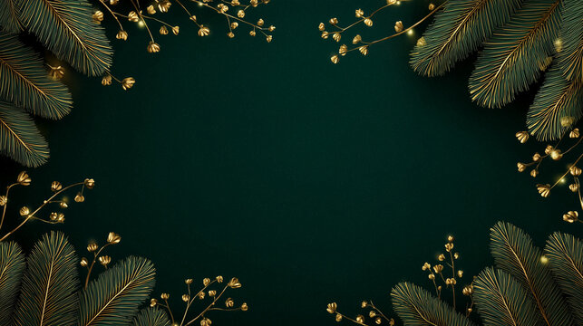 Dark green luxury Christmas design, gold accents, pine branches and fairy lights framing the top and bottom, soft depth-of-field holiday sparkle, elegant and classy mood