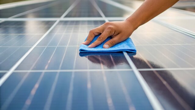 A person cleans a solar panel using a cloth, ensuring it operates efficiently and captures maximum sunlight.