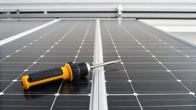 Close-up of a screwdriver resting on solar panels, highlighting renewable energy technology and tools used for installation.