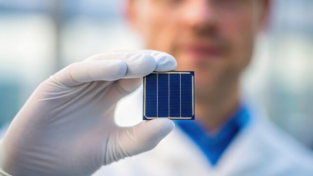 A scientist holds a small solar panel, showcasing innovative technology in renewable energy research and development. - Powered by Adobe