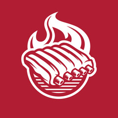 Simple Grilled Ribs Logo Design in Thick Line with Fire as a Background.eps