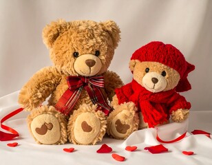 Obraz premium Two plush teddy bears sit on fabric, one in red hat & scarf, with scattered petals