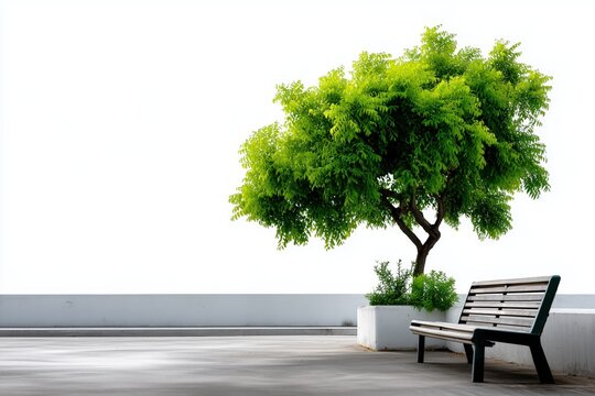 Green tree and wooden bench in minimalist urban park