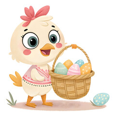 cute chicken cartoon character holding a basket of