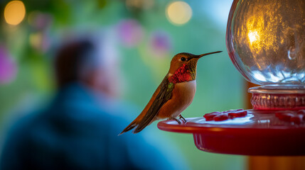 Fototapeta premium Tiny Jewel in the Garden A stunning hummingbird with a vibrant display of colors perches gracefully near a feeder, a moment of tranquil beauty in nature's embrace.