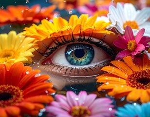 Surreal close-up of a human eye gazing from water amidst vibrant gerbera daisies