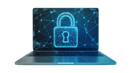 Laptop displaying a digital padlock, symbolizing cybersecurity isolated on transparent background 
