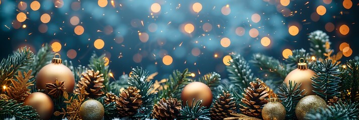 Panoramic Festive Christmas Baubles and Pine Cones on a Dark Blue Background