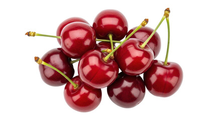 Isolated pile of glossy dark red cherries with green stems on a neutral background. Delicious summer fruits.