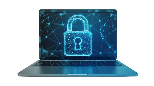 Laptop displaying a digital padlock, symbolizing cybersecurity isolated on transparent background 
