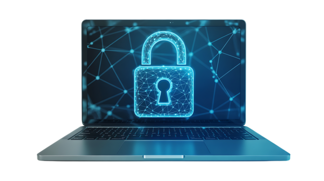 Laptop displaying a digital padlock, symbolizing cybersecurity isolated on transparent background 

