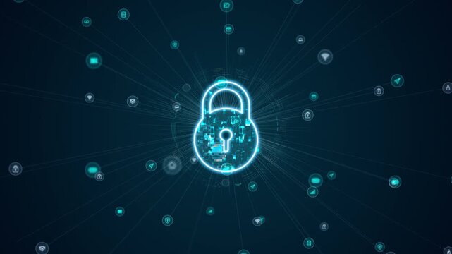 Motion graphic of glowing digital lock icon security network that radiates dynamic light trails across a dark tech background, creating a sense of cyber protection.