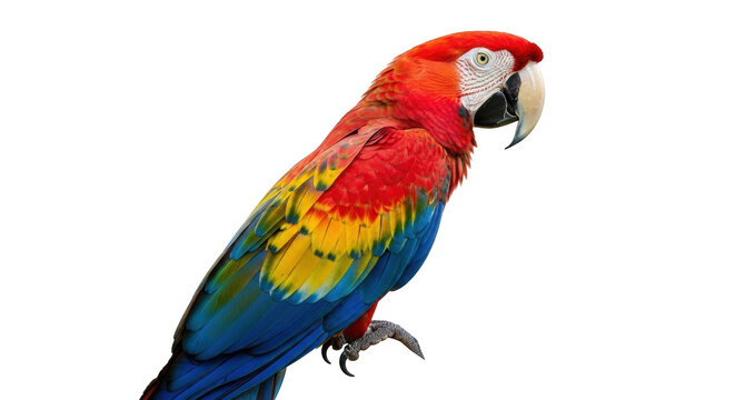 Isolated Scarlet Macaw parrot with vibrant colorful plumage and distinctive beak in studio shot