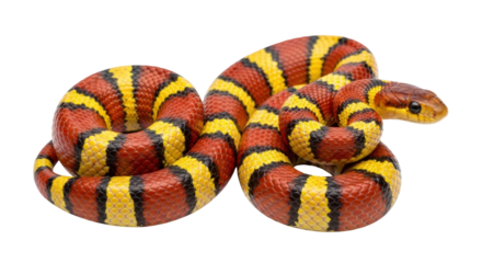 Isolated coiled milk snake with red, yellow, and black scales looks to its right on smooth surface