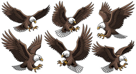 Fototapeta premium Illustrated set of majestic bald eagles in different attack poses, showcasing their powerful wings and sharp talons.