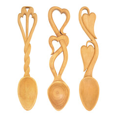 Welsh heart shaped love spoons on white background. Token of love and affection, traditional romantic celtic gift for reciprocated love with two hearts.