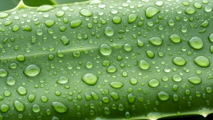Fresh Green Aloe Vera Leaf Texture with Water Drops Macro
